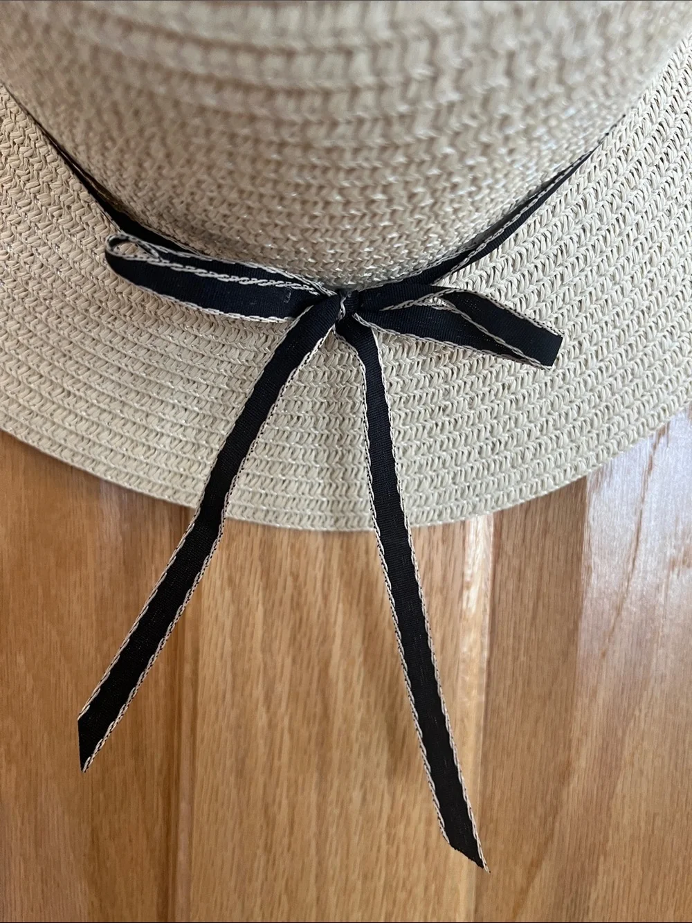 Girl’s Cream Straw Sun Hat with Black Bow Accent